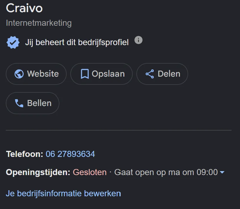Google Bedrijfsprofiel van Craivo op 18 september 2026: categorie Internetmarketing, beheerd profiel, telefoonnummer en openingstijden ingevuld