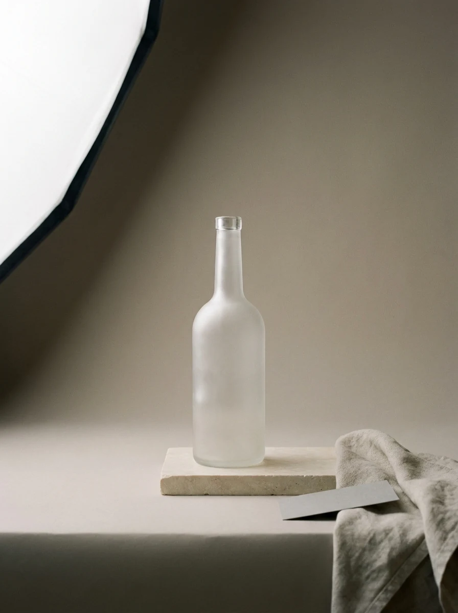 Matte fles op een steen in een fotostudio, met softbox in beeld