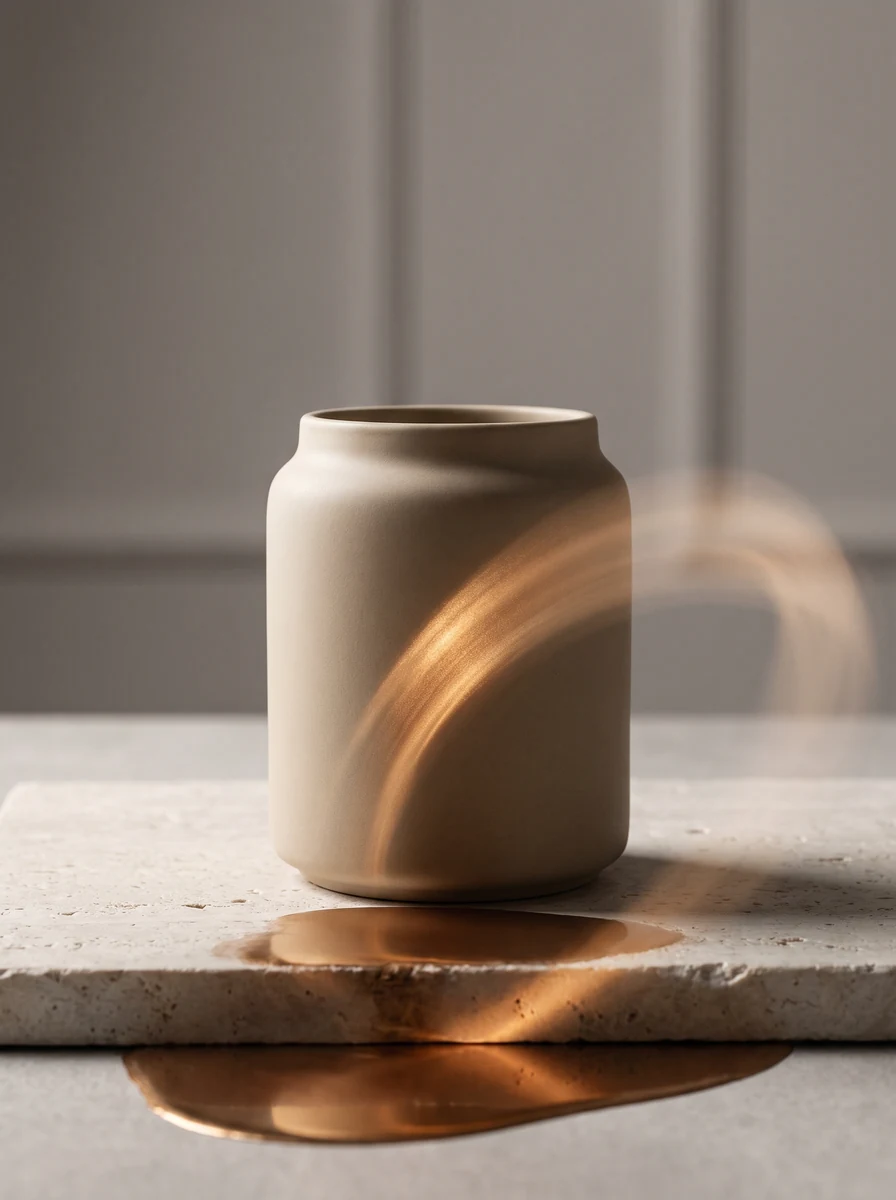 Lichte keramische pot op steen, met een bronzen lichtspoor eroverheen