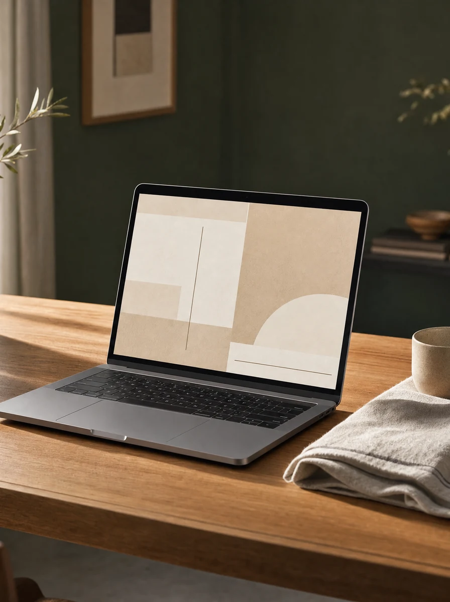 Laptop op een houten tafel met een website in beeld