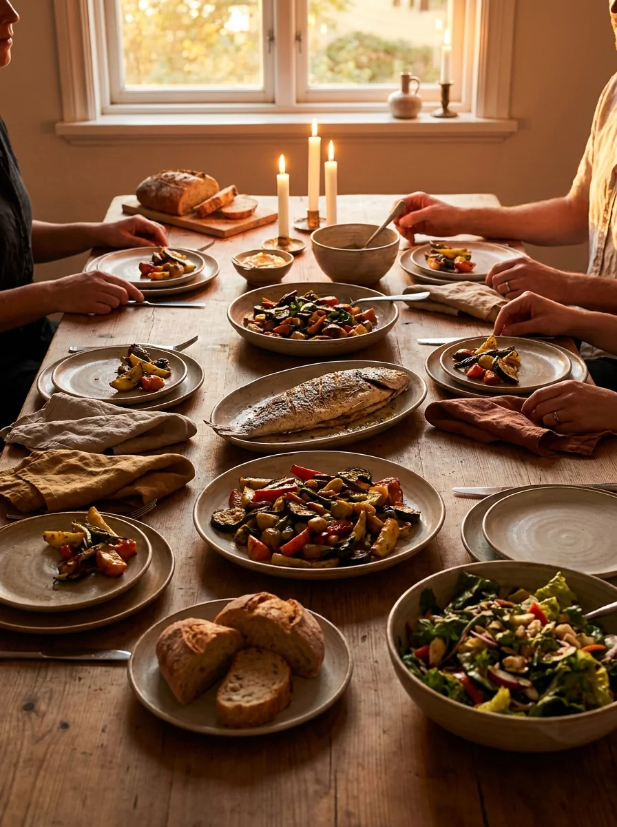 Gedekte tafel met gerechten, samenwerking van Craivo